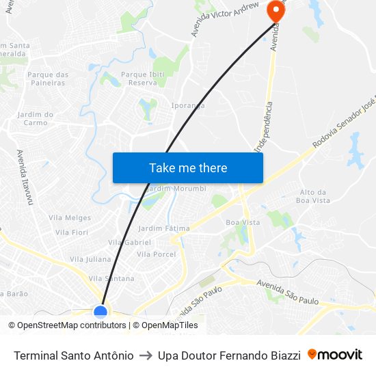 Terminal Santo Antônio to Upa Doutor Fernando Biazzi map