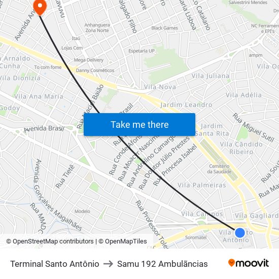 Terminal Santo Antônio to Samu 192 Ambulãncias map