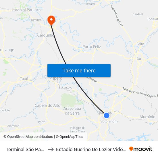 Terminal São Paulo to Estádio Guerino De Leziér Vidotto map