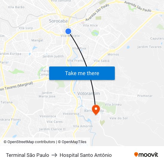 Terminal São Paulo to Hospital Santo Antônio map