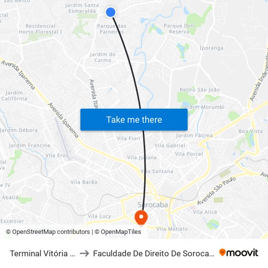 Terminal Vitória Régia to Faculdade De Direito De Sorocaba (Fadi) map