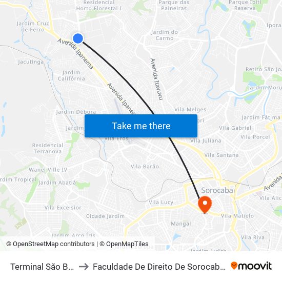 Terminal São Bento to Faculdade De Direito De Sorocaba (Fadi) map