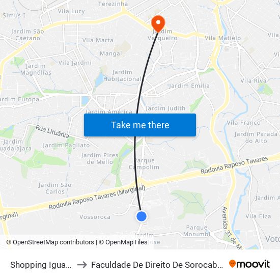 Shopping Iguatemi to Faculdade De Direito De Sorocaba (Fadi) map