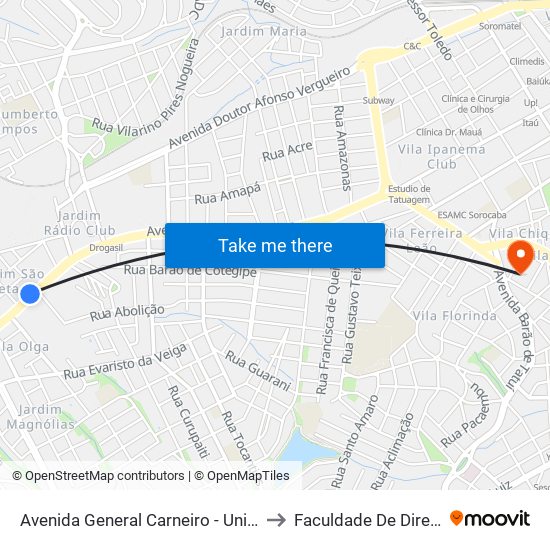 Avenida General Carneiro - Unidade Pré-Hospitalar Da Zona Oeste to Faculdade De Direito De Sorocaba (Fadi) map