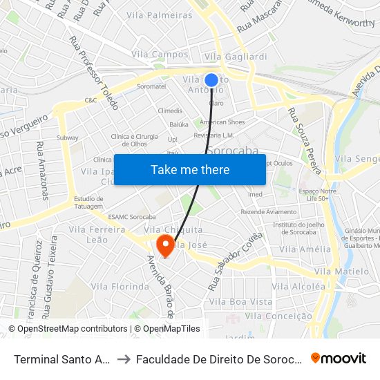 Terminal Santo Antônio to Faculdade De Direito De Sorocaba (Fadi) map