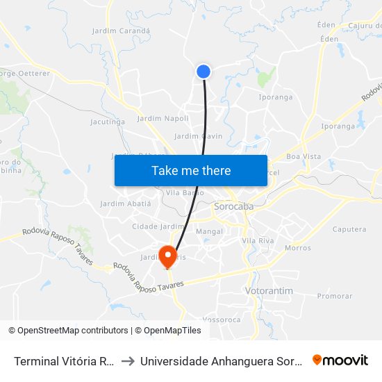 Terminal Vitória Régia to Universidade Anhanguera Sorocaba map