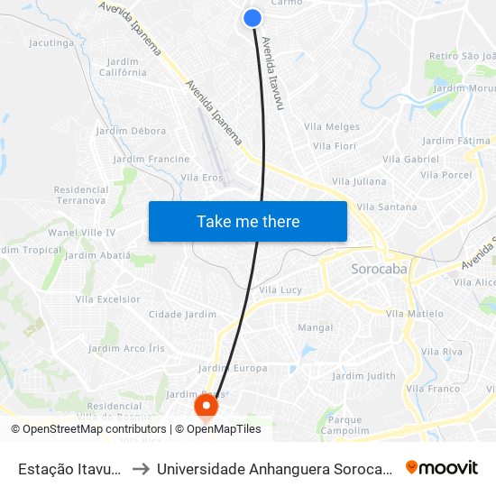 Estação Itavuvu to Universidade Anhanguera Sorocaba map