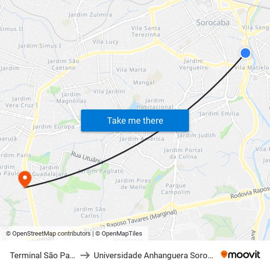 Terminal São Paulo to Universidade Anhanguera Sorocaba map