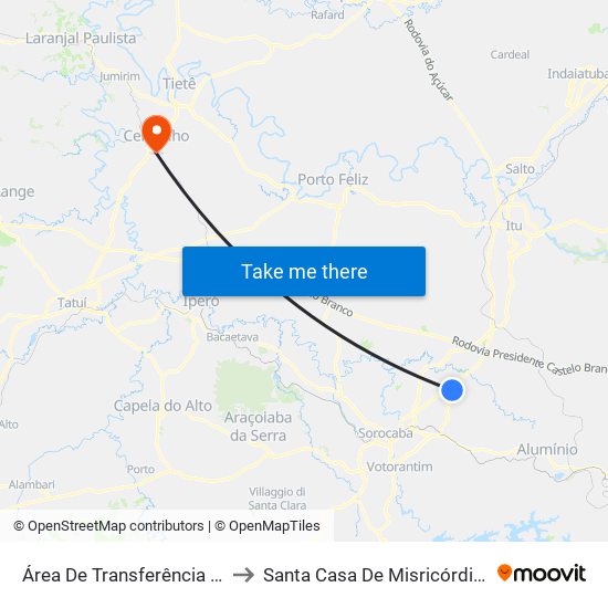 Área De Transferência Aparecidinha to Santa Casa De Misricórdia De Cerquilho map