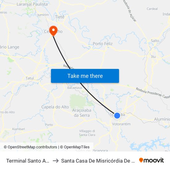 Terminal Santo Antônio to Santa Casa De Misricórdia De Cerquilho map