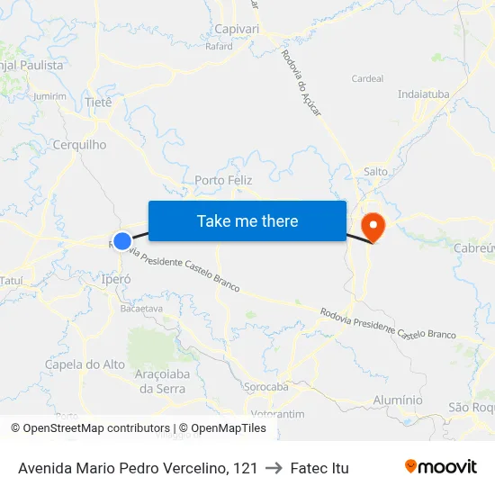 Avenida Mario Pedro Vercelino, 121 to Fatec Itu map