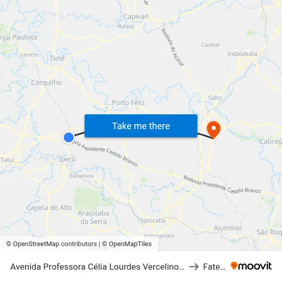 Avenida Professora Célia Lourdes Vercelino (Praça Pedro Pinesi) to Fatec Itu map