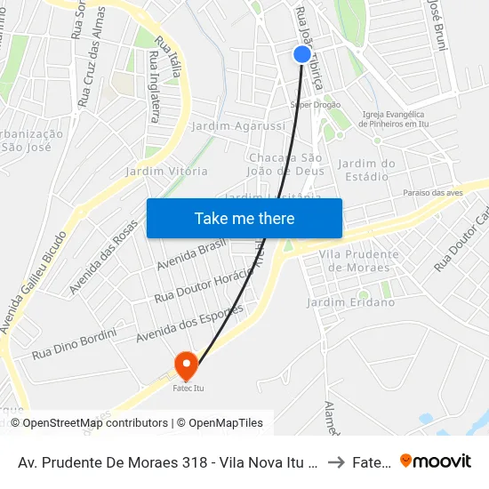 Av. Prudente De Moraes 318 - Vila Nova Itu - SP 13304-080 Brasil to Fatec Itu map