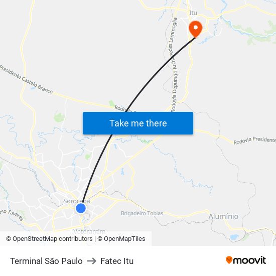 Terminal São Paulo to Fatec Itu map