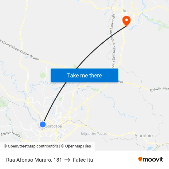 Rua Afonso Muraro, 181 to Fatec Itu map