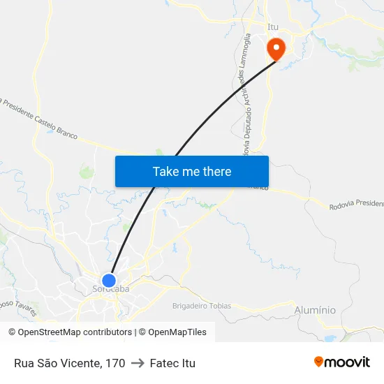 Rua São Vicente, 170 to Fatec Itu map