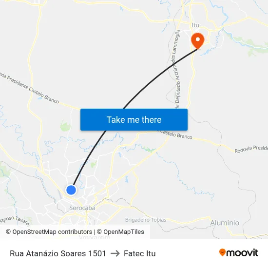 Rua Atanázio Soares 1501 to Fatec Itu map