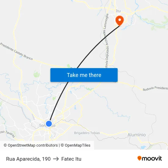 Rua Aparecida, 190 to Fatec Itu map