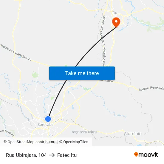 Rua Ubirajara, 104 to Fatec Itu map