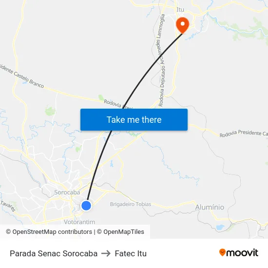 Parada Senac Sorocaba to Fatec Itu map