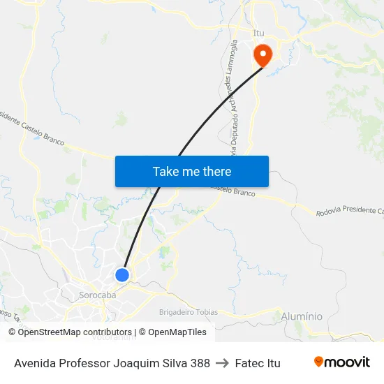 Avenida Professor Joaquim Silva 388 to Fatec Itu map