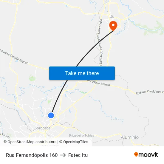 Rua Fernandópolis 160 to Fatec Itu map