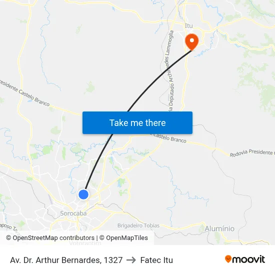 Av. Dr. Arthur Bernardes, 1327 to Fatec Itu map