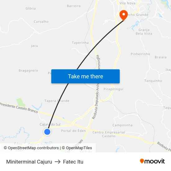 Miniterminal Cajuru to Fatec Itu map