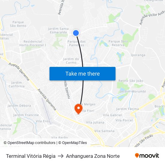 Terminal Vitória Régia to Anhanguera Zona Norte map