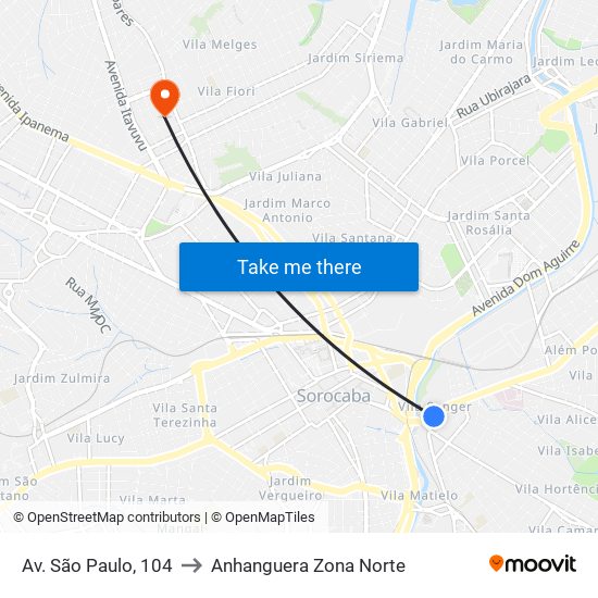 Av. São Paulo, 104 to Anhanguera Zona Norte map