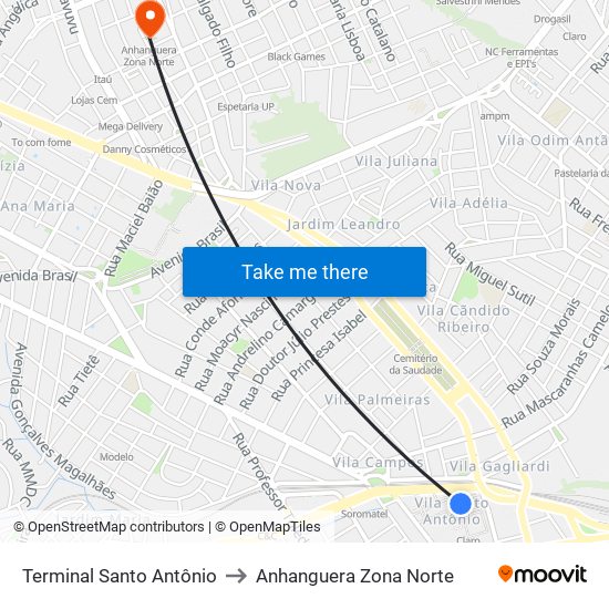 Terminal Santo Antônio to Anhanguera Zona Norte map