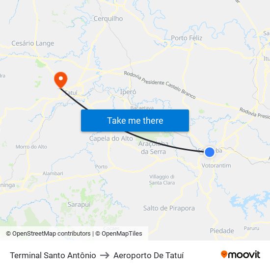 Terminal Santo Antônio to Aeroporto De Tatuí map