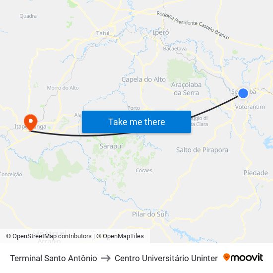 Terminal Santo Antônio to Centro Universitário Uninter map