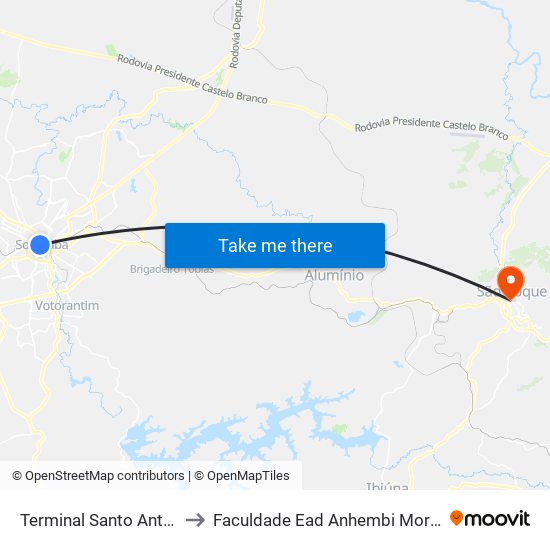 Terminal Santo Antônio to Faculdade Ead Anhembi Morumbi map