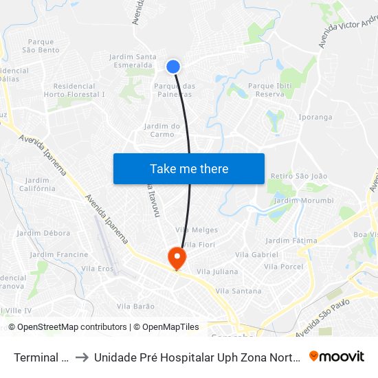 Terminal Vitória Régia to Unidade Pré Hospitalar Uph Zona Norte Sorocaba - Doutor Heitor Ferreira Prestes map