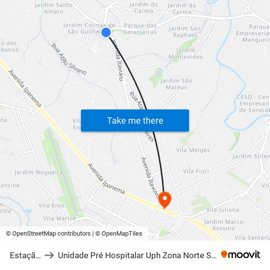 Estação Itavuvu to Unidade Pré Hospitalar Uph Zona Norte Sorocaba - Doutor Heitor Ferreira Prestes map
