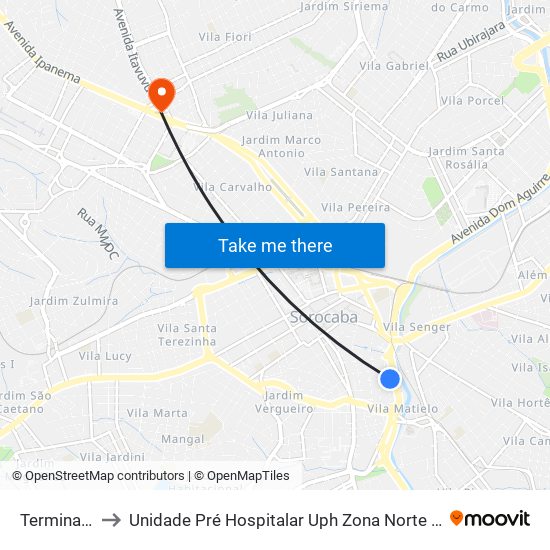 Terminal São Paulo to Unidade Pré Hospitalar Uph Zona Norte Sorocaba - Doutor Heitor Ferreira Prestes map