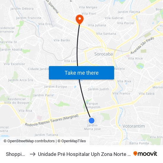 Shopping Iguatemi to Unidade Pré Hospitalar Uph Zona Norte Sorocaba - Doutor Heitor Ferreira Prestes map