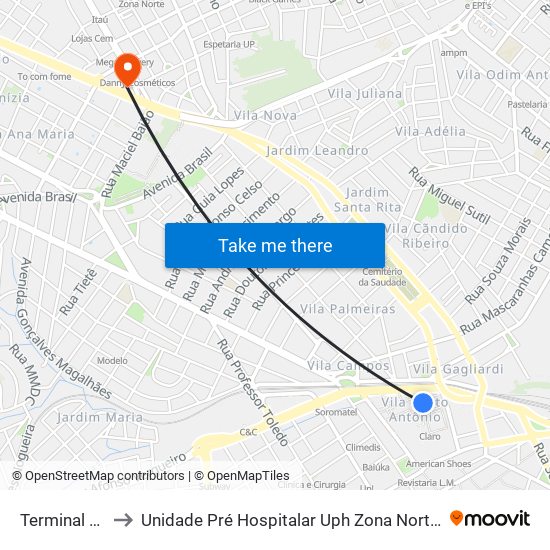 Terminal Santo Antônio to Unidade Pré Hospitalar Uph Zona Norte Sorocaba - Doutor Heitor Ferreira Prestes map