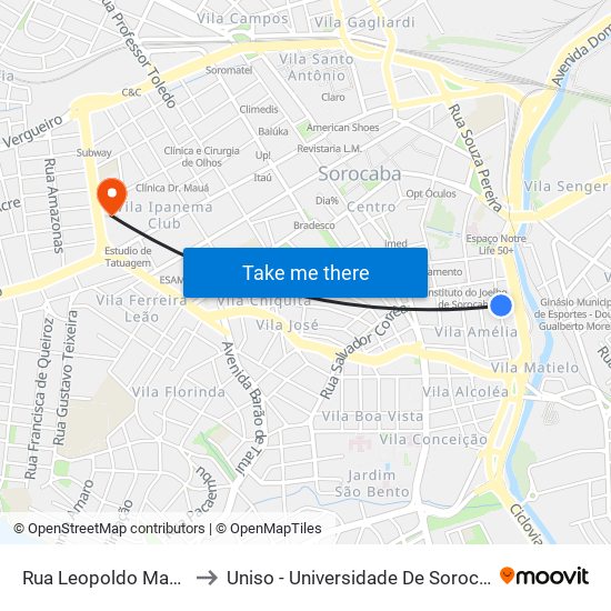 Rua Leopoldo Machado, 333-459 to Uniso - Universidade De Sorocaba Câmpus Seminário map