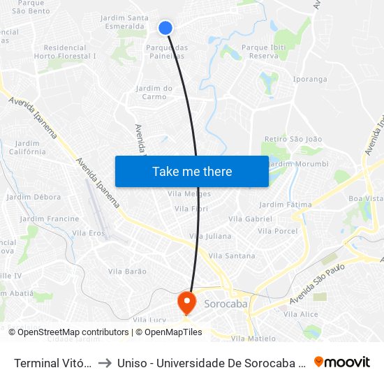 Terminal Vitória Régia to Uniso - Universidade De Sorocaba Câmpus Seminário map