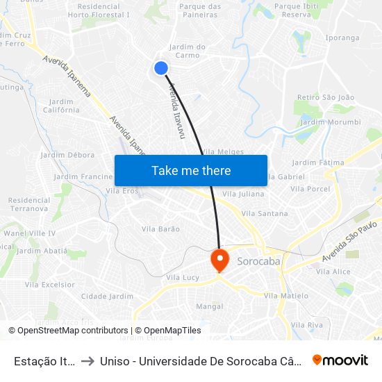 Estação Itavuvu to Uniso - Universidade De Sorocaba Câmpus Seminário map