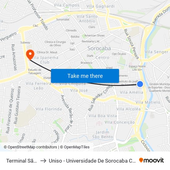 Terminal São Paulo to Uniso - Universidade De Sorocaba Câmpus Seminário map