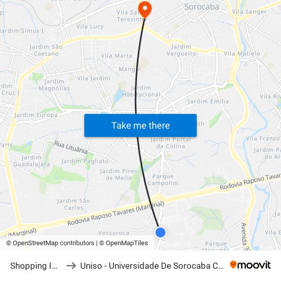 Shopping Iguatemi to Uniso - Universidade De Sorocaba Câmpus Seminário map