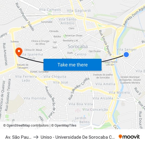 Av. São Paulo, 104 to Uniso - Universidade De Sorocaba Câmpus Seminário map