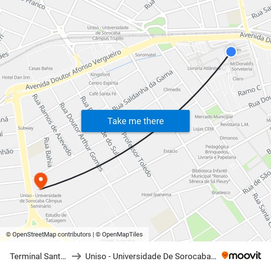 Terminal Santo Antônio to Uniso - Universidade De Sorocaba Câmpus Seminário map