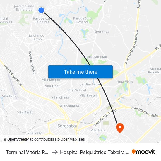 Terminal Vitória Régia to Hospital Psiquiátrico Teixeira Lima map