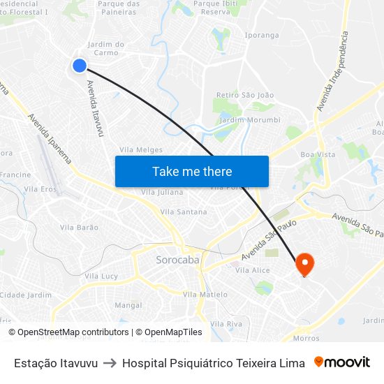 Estação Itavuvu to Hospital Psiquiátrico Teixeira Lima map