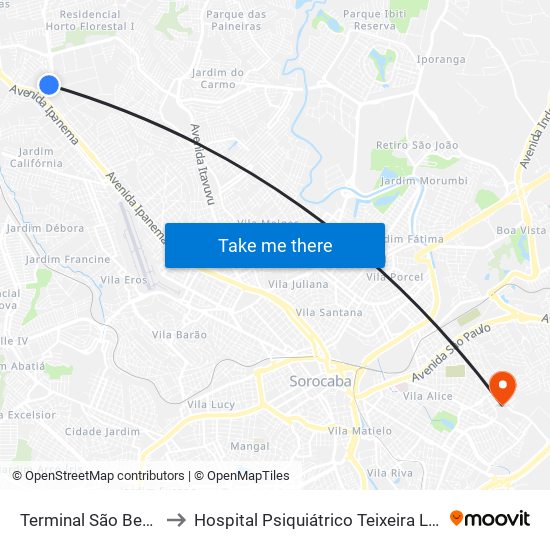 Terminal São Bento to Hospital Psiquiátrico Teixeira Lima map