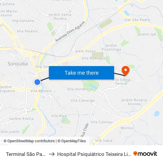 Terminal São Paulo to Hospital Psiquiátrico Teixeira Lima map
